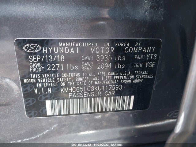Aukcja sprzedaży 2019 Hyundai Ioniq Hybrid Blue, vin: KMHC65LC3KU117593, numer aukcji: 38153212
