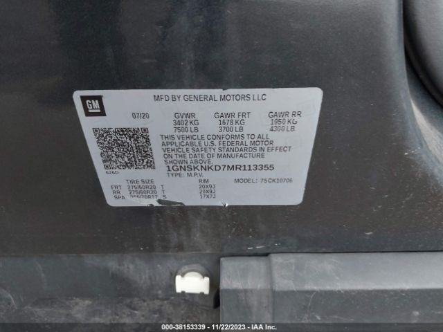 1GNSKNKD7MR113355 Chevrolet Tahoe 4wd Lt