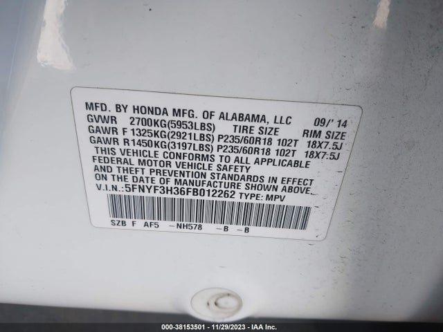Honda PILOT SE 2015 5FNYF3H36FB012262 Image 9