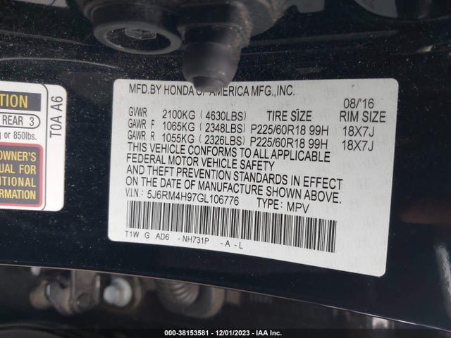 Honda Cr-v Touring 2016 5J6RM4H97GL106776 Image 9