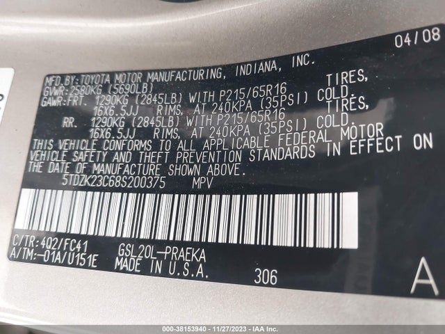2008 TOYOTA SIENNA LE VIN: 5TDZK23C68S200375