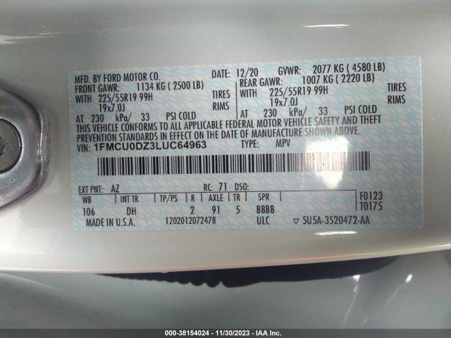 2020 FORD ESCAPE TITANIUM HYBRID VIN: 1FMCU0DZ3LUC64963