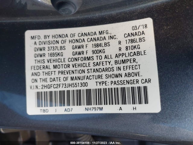 2018 HONDA CIVIC EX VIN: 2HGFC2F73JH551300