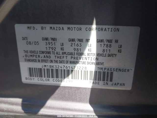 2006 MAZDA MAZDA3 S VIN: JM1BK324761423228