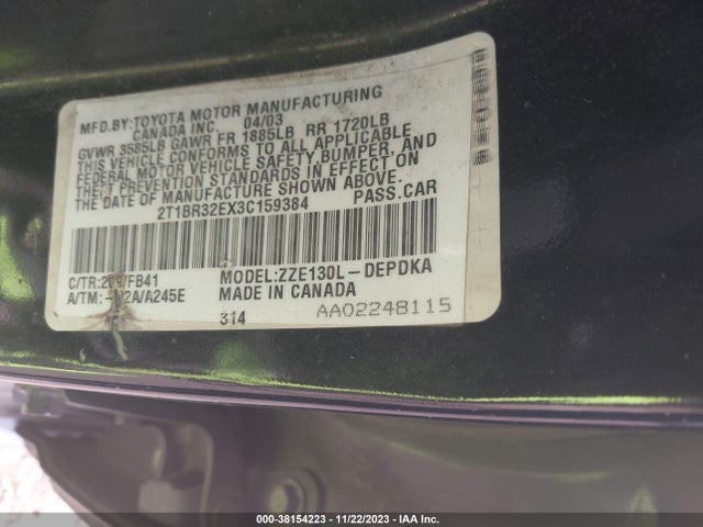 2003 TOYOTA COROLLA CE VIN: 2T1BR32EX3C159384