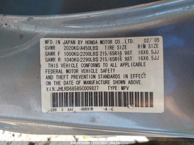 2005 HONDA CR-V LX VIN: JHLRD68585C009827