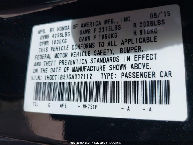 Honda ACCORD EX 2016 1HGCT1B57GA002112 Image 9