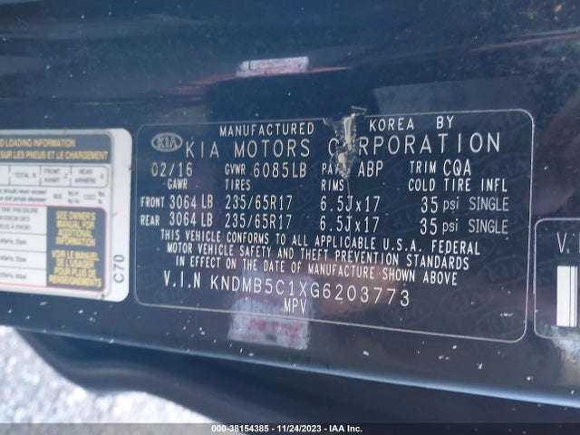 2016 KIA SEDONA LX VIN: KNDMB5C1XG6203773