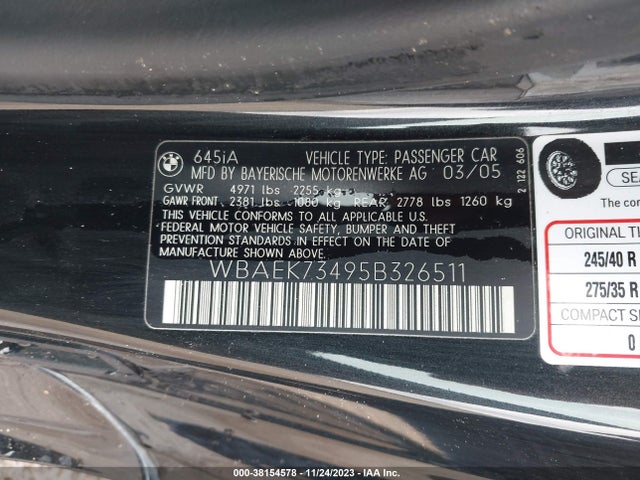 2005 BMW 645CI VIN: WBAEK73495B326511