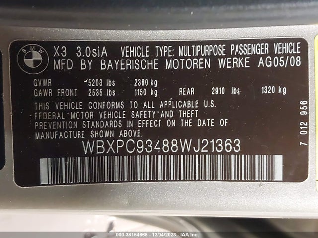 2008 BMW X3 3.0SI VIN: WBXPC93488WJ21363