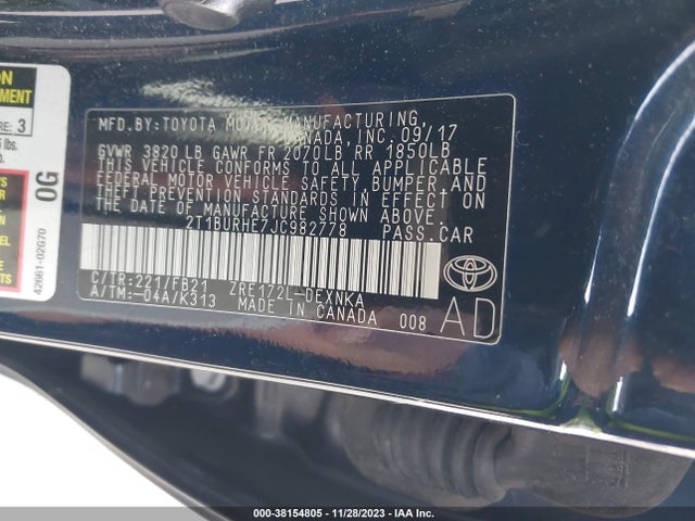 2018 TOYOTA COROLLA LE VIN: 2T1BURHE7JC982778