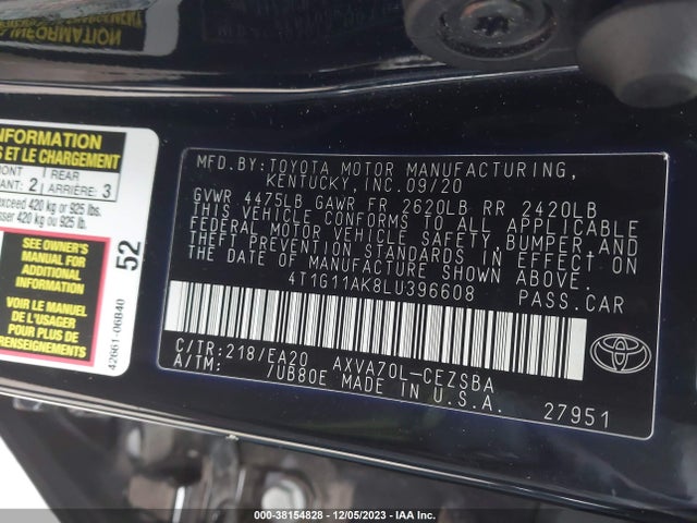 2020 TOYOTA CAMRY SE VIN: 4T1G11AK8LU396608