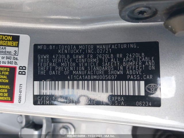 Toyota a25a-fxs, 3nm 2021 4T1CA1AB8MU005697 Image 9
