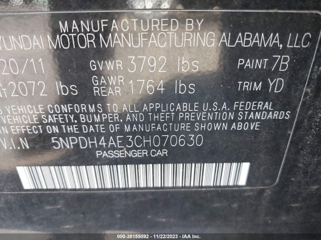 2012 HYUNDAI ELANTRA GLS VIN: 5NPDH4AE3CH070630