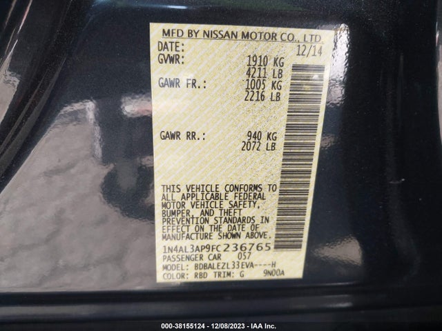 2015 NISSAN ALTIMA 2.5 S VIN: 1N4AL3AP9FC236765