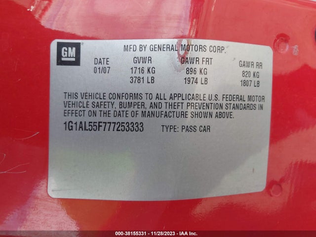 2007 CHEVROLET COBALT LT VIN: 1G1AL55F777253333