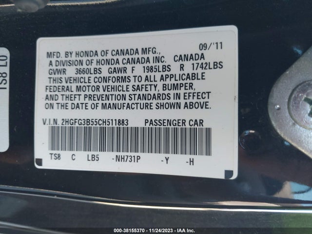 2012 HONDA CIVIC LX VIN: 2HGFG3B55CH511883