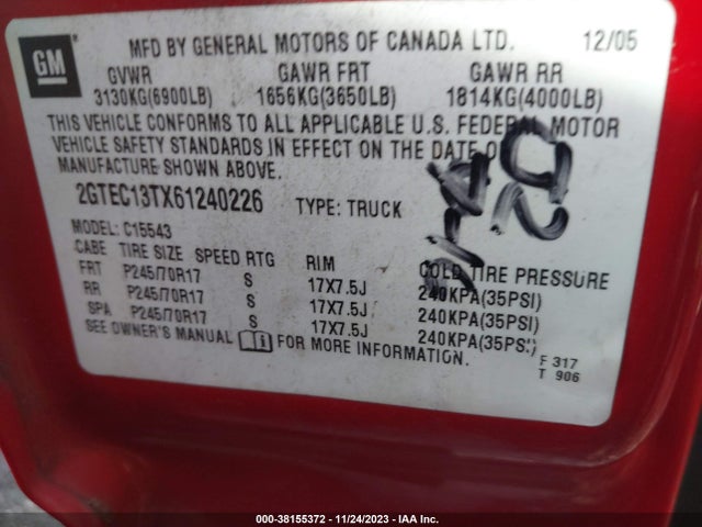 2006 GMC SIERRA 1500 SLE1 VIN: 2GTEC13TX61240226