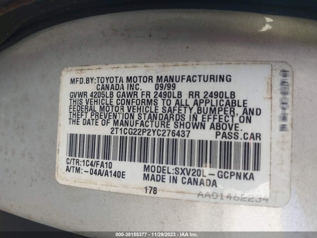 2000 TOYOTA CAMRY SOLARA SE VIN: 2T1CG22P2YC276437