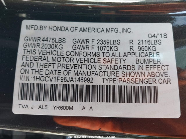 Honda Accord Touring 2018 1HGCV1F96JA146992 Image 9