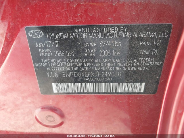 2018 HYUNDAI ELANTRA SEL VIN: 5NPD84LFXJH249038