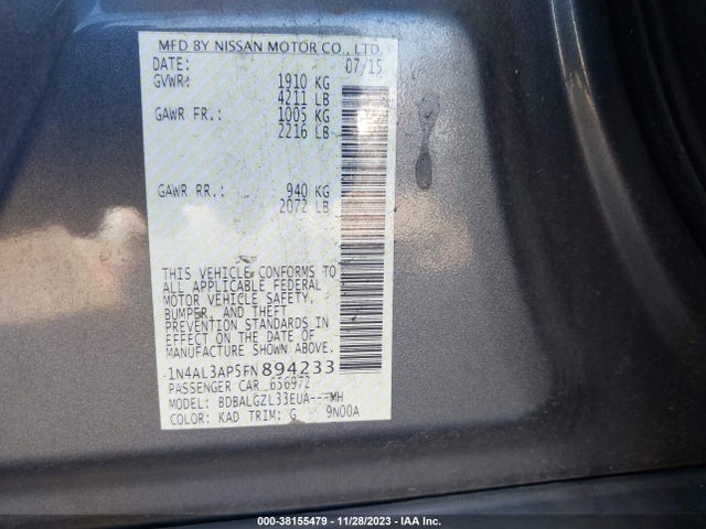 2015 NISSAN ALTIMA 2.5 S VIN: 1N4AL3AP5FN894233