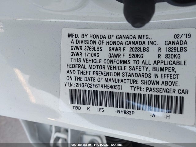 2019 HONDA CIVIC LX VIN: 2HGFC2F61KH540501
