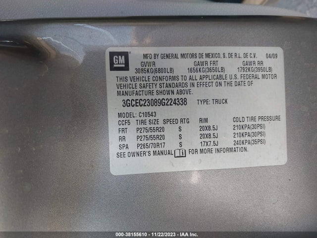 2009 CHEVROLET SILVERADO 1500 LT VIN: 3GCEC23089G224338