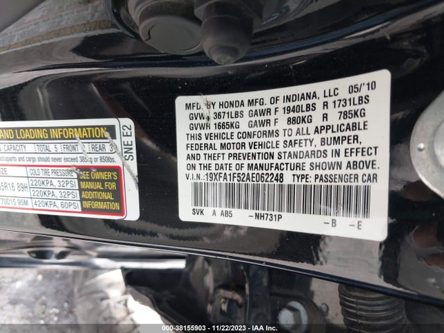 2010 HONDA CIVIC LX VIN: 19XFA1F52AE062248