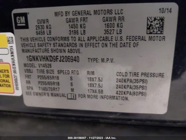 Chevrolet Traverse 2lt 2015 1GNKVHKD9FJ206940 Image 9