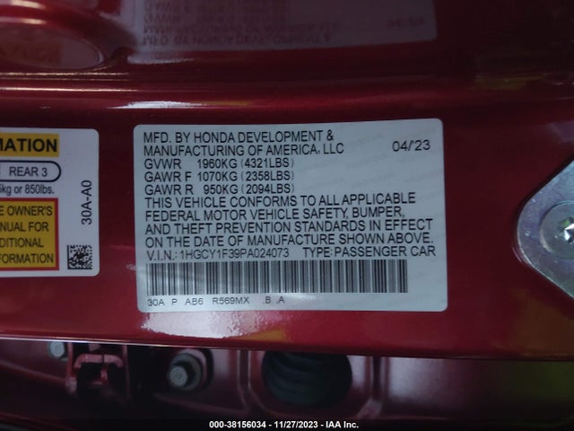 2023 HONDA ACCORD EX VIN: 1HGCY1F39PA024073