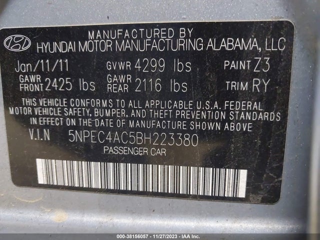 2011 HYUNDAI SONATA SE VIN: 5NPEC4AC5BH223380