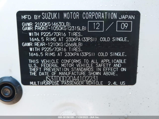 2010 SUZUKI GRAND VITARA PREMIUM VIN: JS3TD0D20A4102231