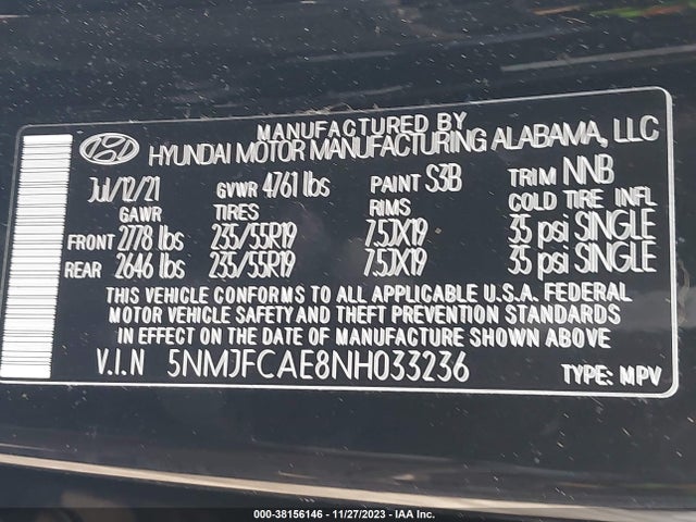 2022 HYUNDAI TUCSON SEL VIN: 5NMJFCAE8NH033236