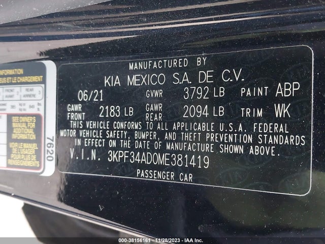2021 KIA FORTE GT LINE VIN: 3KPF34AD0ME381419