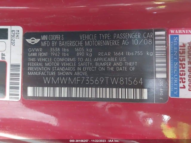 2009 MINI COOPER S WMWMF73569TW81564 Photo 8