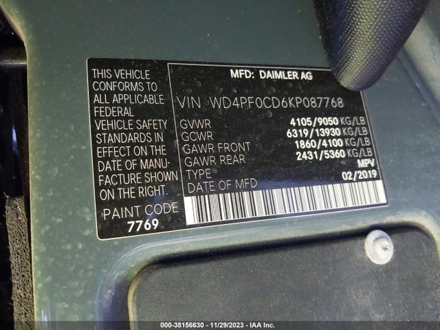 2019 MERCEDES-BENZ SPRINTER 2500 STANDARD ROOF V6/HIGH ROOF V6 VIN: WD4PF0CD6KP087768