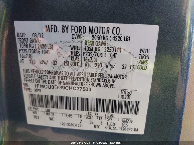 2012 FORD ESCAPE XLT VIN: 1FMCU0DG9CKC37583