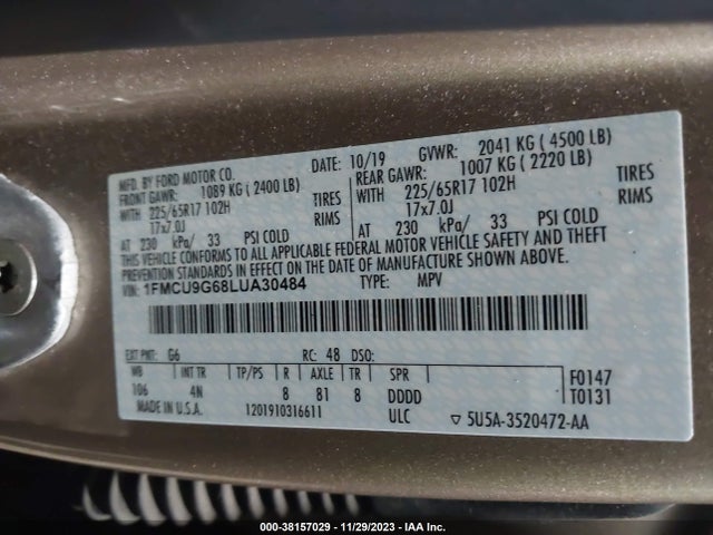2020 FORD ESCAPE SE VIN: 1FMCU9G68LUA30484