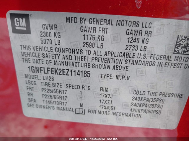38157047 :رقم المزاد ، 1GNFLFEK2EZ114185 vin ، 2014 Chevrolet Equinox 1lt مزاد بيع