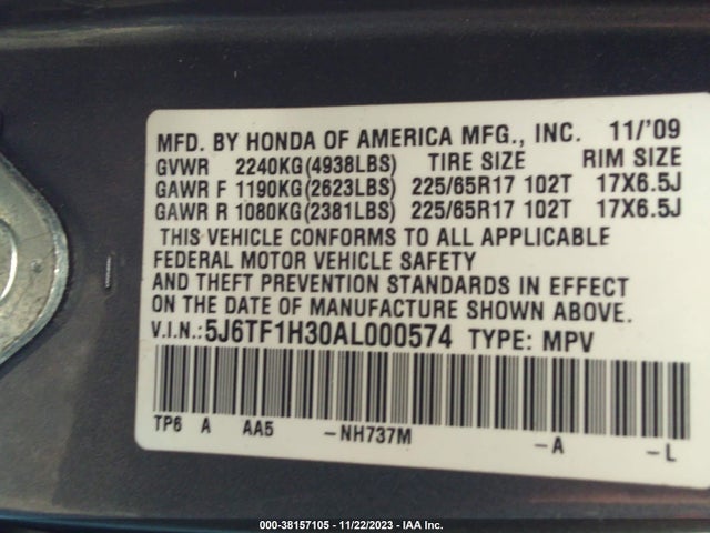 2010 HONDA ACCORD CROSSTOUR EX VIN: 5J6TF1H30AL000574