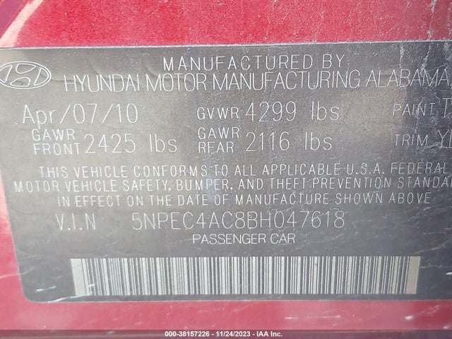 2011 HYUNDAI SONATA LIMITED VIN: 5NPEC4AC8BH047618