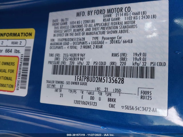 2021 FORD MUSTANG ECOBOOST VIN: 1FATP8UD2M5135628