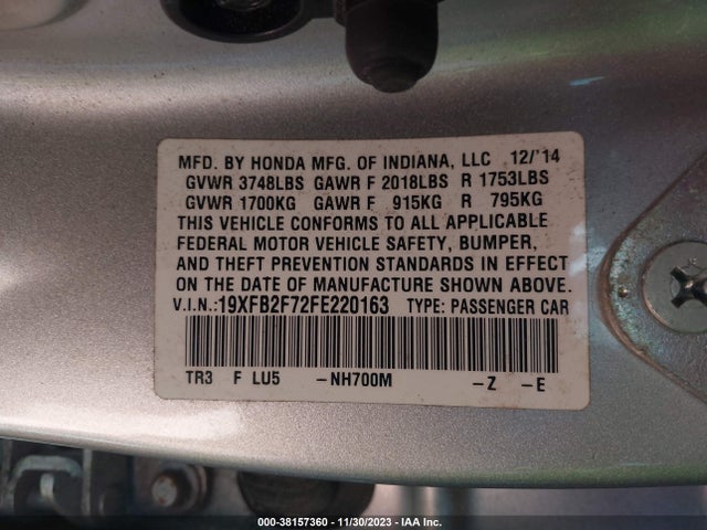 2015 HONDA CIVIC SE VIN: 19XFB2F72FE220163