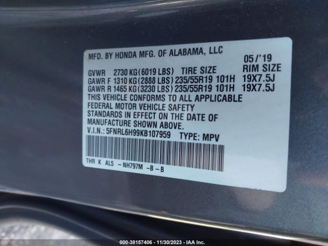 5FNRL6H99KB107959 Honda Odyssey Elite