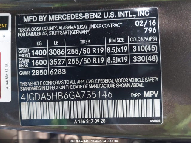 2016 MERCEDES-BENZ GLE 350 4MATIC VIN: 4JGDA5HB6GA735146