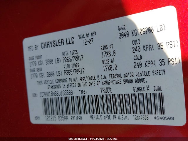 2008 DODGE RAM 1500 ST/SXT VIN: 1D7HU18N38J166599