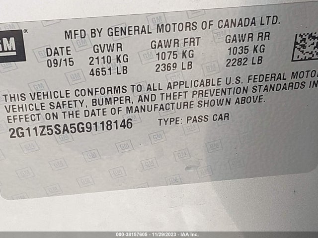 Chevrolet IMPALA LS 2016 2G11Z5SA5G9118146 Image 9
