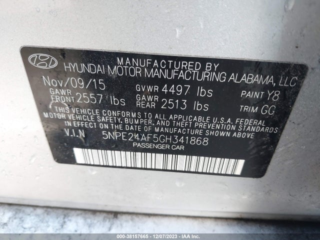 2016 HYUNDAI SONATA 2.4L SE VIN: 5NPE24AF5GH341868