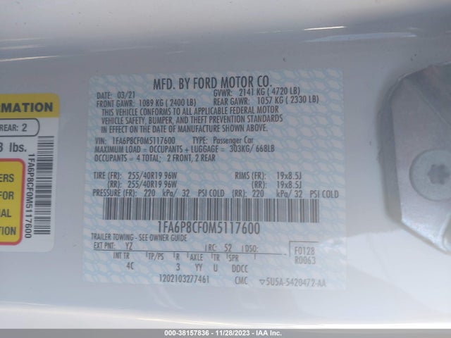 2021 FORD MUSTANG GT PREMIUM VIN: 1FA6P8CF0M5117600